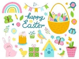easter set. Isolated over white background objects. Design elements for postcards, advertisements, Easter invitations. Cute rabbit, chicken, bird, basket with eggs. Vector illustration
