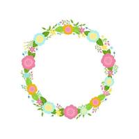 spring floral wreath. Cute stylized flowers and branches with fruits. Template for postcards, invitations, posters, advertisements, stories. Vector illustration