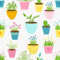 Seamless background with houseplants, flowers in pots. Cute print for curtains, kitchen towels, country, gardening and floriculture products advertising, wrappers. Vector illustration