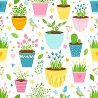 Seamless pattern with flowers in pots, birds, berries and leaves. Cute print for curtains, kitchen towels, wrappers, papers. Vector illustration