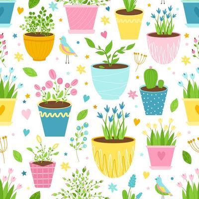 Seamless pattern with flowers in pots, birds, berries and leaves. Cute print for curtains, kitchen towels, wrappers, papers. Vector illustration