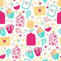 Cute seamless patterns with hearts, flowers, phone, rings, love letters for Valentine's day or wedding. Background for textile design, wrapping paper, invitations and cards. Cute cartoon style vector