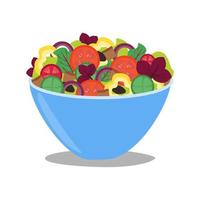 Green salad of fresh vegetables with croutons in a blue salad bowl. Salad of peppers, tomatoes, cucumbers and olives on an isolated on white background. Vector illustration