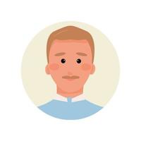 Avatar man mustachioed blond in a blue pullover and shirt. Icon for forums, chat bots, support. Vector illustration