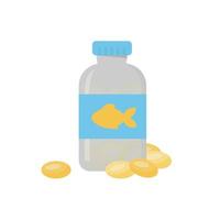 isolated on white background image of jar of fish oil capsules. Design articles on the benefits of omega, heart and vascular health. Vector illustration, flat