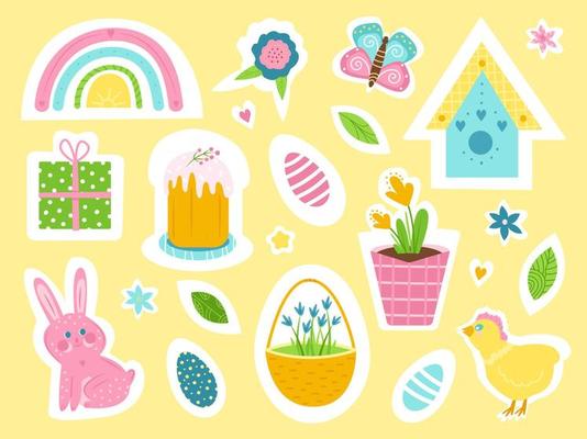 Cute set of Easter spring stickers. Traditional elements. Vector illustration. Delicate colors. Hand drawn style