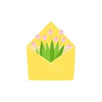 open envelope with a bouquet of pink tulips. Yellow envelope with white polka dots. Design of social media posts, stickers, cards. Spring minimalism on March 8. Vector illustration