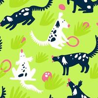 Seamless pattern with funny dogs playing on the grass vector