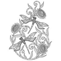 libélula y girasol dibujados a mano para libro de colorear para adultos vector
