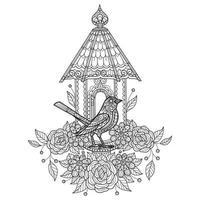 Bird and birdhouse hand drawn for adult coloring book vector