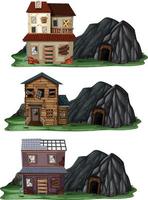 Conjunto de diferentes casas abandonadas con cueva de roca. vector