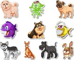 Set of stickers with sea animals and dogs cartoon characters vector