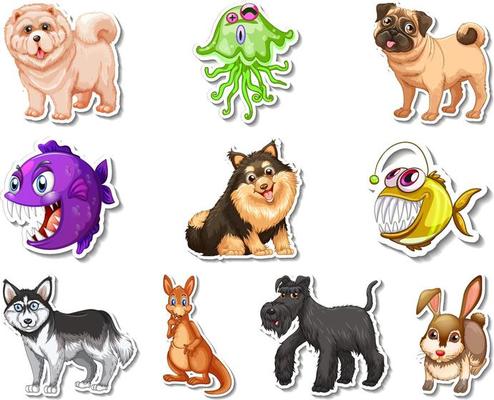 Set of stickers with sea animals and dogs cartoon characters