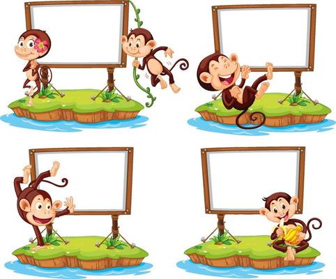 Set of different blank banners with funny monkeys