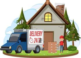 Courier delivering packages standing in front of house vector