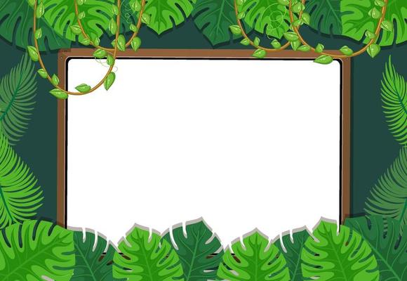 Empty board on sky background with tropical leaves element