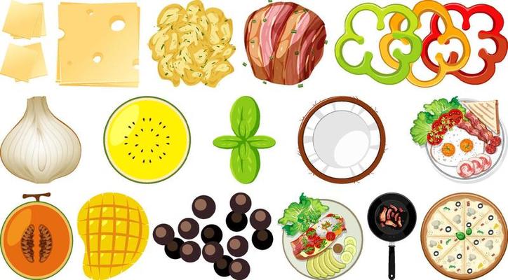 Collection of food ingredients on white background