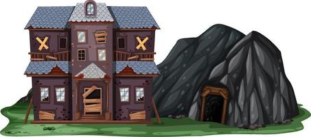 An abandoned house with a rock cave on white background vector