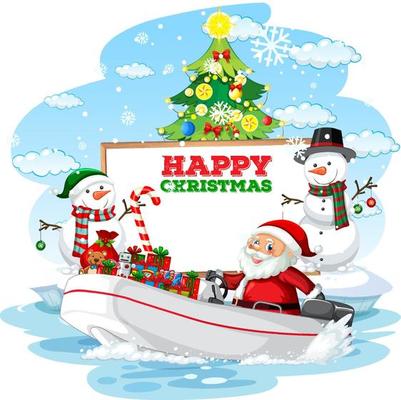 Empty banner with Christmas Santa delivering gifts by a boat