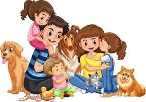 Familia feliz con sus perros sobre fondo blanco. vector