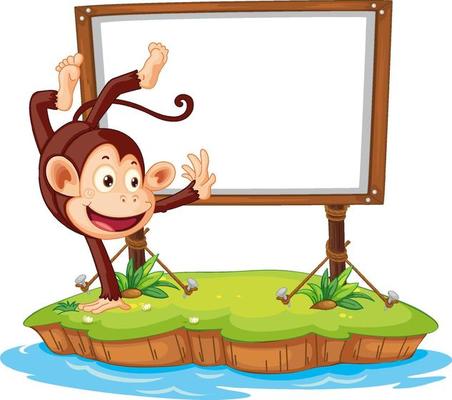 Dancing monkey with blank board on white background