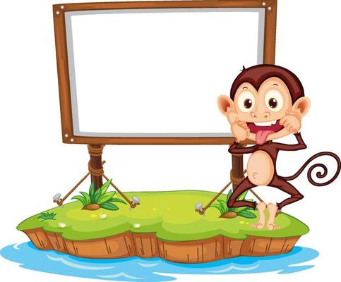 Funny monkey with blank board on white background