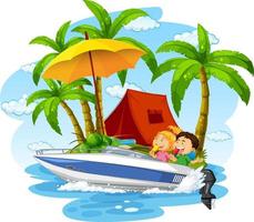 Isolated island with children on speedboat vector