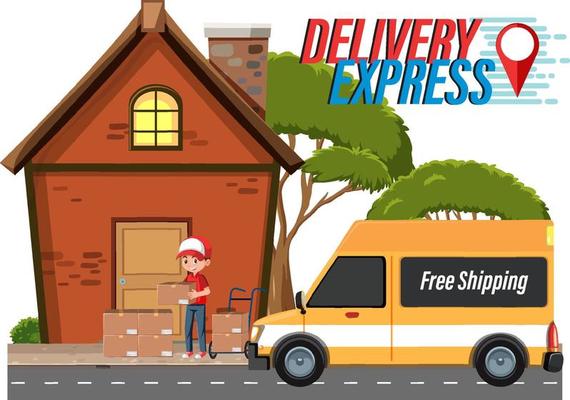 Delivery Express logotype with courier delivering packages