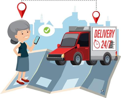 Old woman with delivery panel van and location pins