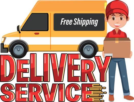 Delivery Service logo banner with courier cartoon character