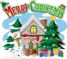 Merry Christmas with elderly couple standing in front of a snow house vector