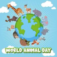 World Animal Day banner with wild animals standing on earth vector