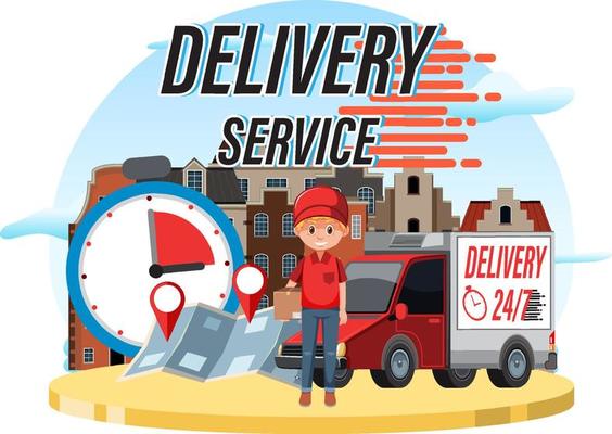 Delivery Service banner with courier and panel van