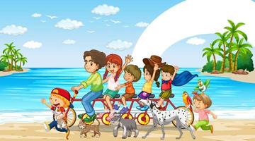 Escena de playa con familia feliz montando bicicleta juntos vector