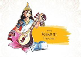 Indian God Saraswati Maa on Vasant Panchami religious card design vector