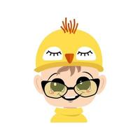 Boy with big eyes and wide happy smile in cute yellow chicken hat with glasses. Head of child with joyful face for holiday Easter, New Year or costume for party. Vector flat illustration
