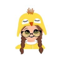 Girl with big eyes and wide happy smile in cute yellow chicken hat and glasses. Head of child with joyful face for holiday Easter, New Year or costume for party. Vector flat illustration