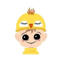 Avatar of boy with big eyes and wide happy smile in cute yellow chicken hat. Head of child with joyful face for holiday Easter, New Year or costume for party. Vector flat illustration