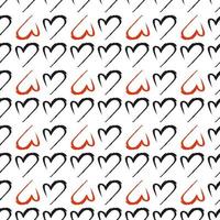 Cute simple line heart print. Festive decoration for Valentine Day. Seamless black and white pattern with red hand drawn symbol of love. Vector flat illustration