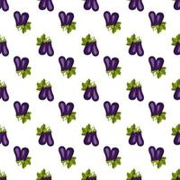 Seamless pattern with eggplant. Print of healthy vegetables and green leaves on white background. Vector flat illustration
