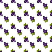 Seamless pattern with eggplant. Print of healthy vegetables and green leaves on white background. Vector flat illustration