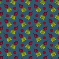 Seamless pattern with beet. Print of healthy vegetables, half and green leaves of tops on blue background. Vector flat illustration