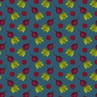 Seamless pattern with beet. Print of healthy vegetables, half and green leaves of tops on blue background. Vector flat illustration