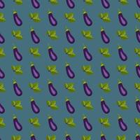 Seamless pattern with eggplant. Print of healthy vegetables and green leaves on blue background. Vector flat illustration