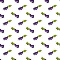 Seamless pattern with eggplant. Print of healthy vegetables and green leaves on white background. Vector flat illustration