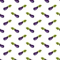 Seamless pattern with eggplant. Print of healthy vegetables and green leaves on white background. Vector flat illustration