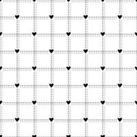 Seamless black and white pattern with hand drawn hearts, dots and cells. Festive decoration for Valentine Day. Cute simple line print. Vector flat illustration for wrapping paper, textile and design