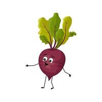 Beet character with happy emotion, joyful face, smile eyes, arms and legs. Person with expression, vegetable emoticon. Vector flat illustration