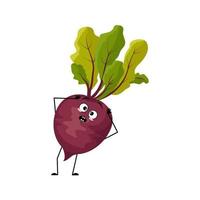 Beet character with emotions in panic grabs his head, surprised face, shocked eyes, arms and legs. Person with scared expression, vegetable emoticon. Vector flat illustration