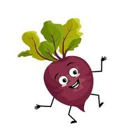 Beet character with happy emotion, joyful face, smile eyes, arms and legs. Person with expression, vegetable emoticon. Vector flat illustration